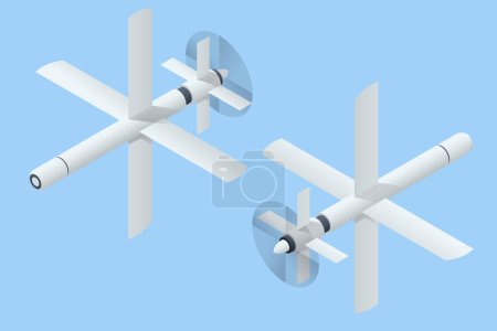 Illustration for Isometric loitering munition. Kamikaze Drones Attack. Unmanned military technology. Air munition loiters around the target area for some time and attacks only once a target is located - Royalty Free Image