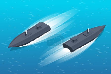 Illustration for Isometric maritime surface military drones can be controlled both manually using onboard television cameras and remotely via a satellite channel - Royalty Free Image