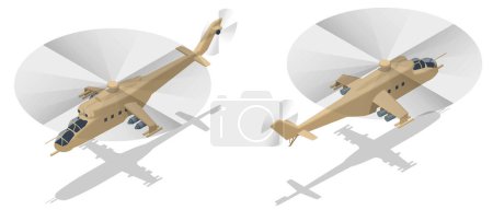Illustration for Isometric Mil Mi-24 large helicopter gunship, attack helicopter and low-capacity troop transport. Attack helicopter with transport capabilities, helicopter gunship. - Royalty Free Image