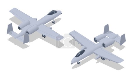 Illustration for Isometric Close air support attack aircraft Fairchild Republic A-10 Thunderbolt II. Single-seat, twin-turbofan, straight-wing, subsonic attack aircraft. - Royalty Free Image