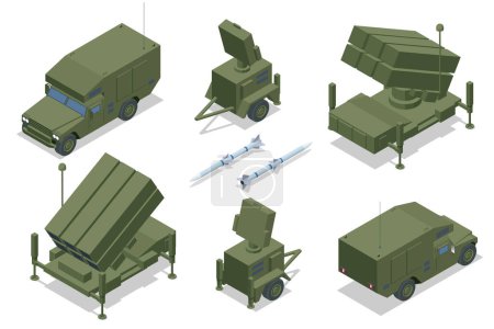 Illustration for Isometric NASAMS Surface-to-air missile system. The system defends against unmanned aerial vehicles, helicopters, cruise missiles, unmanned combat aerial vehicles , and fixed wing aircraft - Royalty Free Image