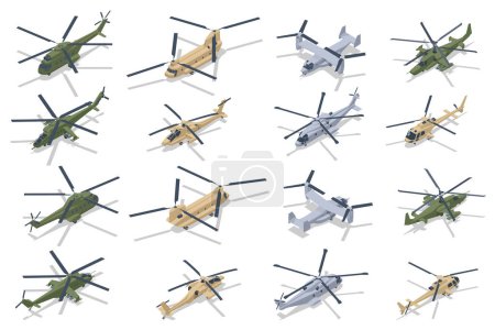 Ilustración de Conjunto isométrico de la Fuerza Aérea de Aviación Militar. Transporte, helicópteros de ataque. Avión militar en vuelo. Transporte aéreo militar - Imagen libre de derechos