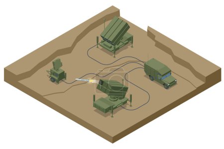 Ilustración de NASAMS isométricos Sistema de misiles tierra-aire. El sistema se defiende contra vehículos aéreos no tripulados, helicópteros, misiles de crucero, vehículos aéreos de combate no tripulados y aviones de ala fija - Imagen libre de derechos