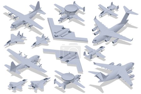 Isometric set of Military Aviation Air Force. attack aircraft, Stealth Strategic heavy Bomber, Strategic and tactical airlifter, Military Aviation. Strategic and tactical airlifter.