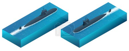 Illustration for Isometric Submarine or sub is a watercraft capable of independent operation underwater. Navy armed diesel powered submarine. Nuclear submarine traveling. Powered submarines - Royalty Free Image