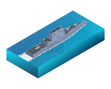 Illustration for Isometric Zumwalt class destroyer. The Zumwalt-class destroyer, United States Navy guided-missile destroyer, multi-mission stealth ship with a focus on land attack. Military ship isolated on white. - Royalty Free Image