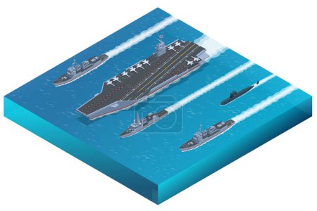 Illustration for Isometric Carrier battle group. Naval fleet consisting of an aircraft carrier capital ship and its large number of escorts, together defining the group. - Royalty Free Image