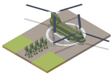 Ilustración de Soldados subiendo a un helicóptero. Isométrico Chinook es un helicóptero tándem-rotor desarrollado. Tripulación especial. Concepto militar para ejército, soldados y guerra - Imagen libre de derechos