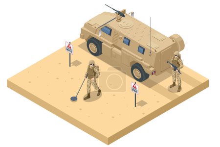 Illustration for Isometric Soldiers Mine. Military landmine clearing equipment. Special force crew. Military concept for army, soldiers and war. Military off-road car. Armored infantry vehicle. Heavy truck. - Royalty Free Image
