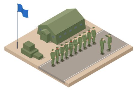 Ilustración de Soldados isométricos haciendo cola en el campamento. Tripulación especial. Concepto militar para ejército, soldados y guerra - Imagen libre de derechos