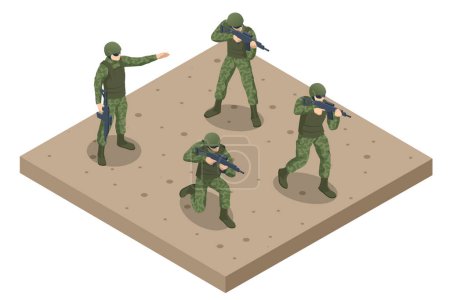 Isometric Attack Soldiers. Special force crew. Military concept for army, soldiers and war. Soldier holding a rifle.