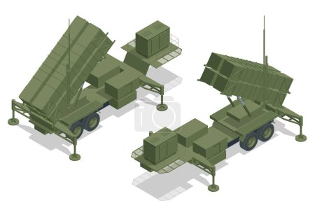 Ilustración de Isométrico Misil móvil tierra-aire o sistema de misiles antibalísticos MIM-104 Patriot. Sistema estadounidense de misiles tierra-aire desarrollado por Raytheon para proteger objetivos estratégicos. - Imagen libre de derechos