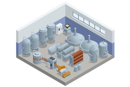 Isometric Brewing, Craft beer brewing equipment in privat brewery. Modern Beer Factory. Steel tanks for beer fermentation and maturation