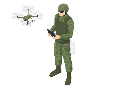 Foto de Soldado especial isométrico está usando dron para explorar durante la operación militar, observar el área, buscar objetivos, monitorear los movimientos enemigos, dirigir el fuego de artillería. - Imagen libre de derechos