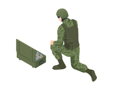 Téléchargez les illustrations : Police militaire des forces spéciales isométriques, membre de l'équipe Swat. Soldat avec grenades dans une boîte sur fond blanc. Concept de l'armée, des militaires et des personnes. - en licence libre de droit