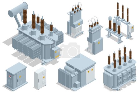 Isometrischer Transformer. Elektrische Energiefabrik Vertriebskette. Isoliertes Set Icon Energy Umspannwerk. Hochspannungskraftwerk