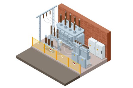 Isometric Transformer . Electric Energy Factory Distribution Chain. Isolated set Icon Energy Substation. High-Voltage Power Station