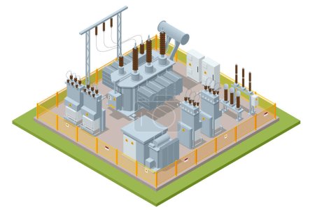 Illustration for Isometric Transformer . Electric Energy Factory Distribution Chain. Isolated set Icon Energy Substation. High-Voltage Power Station - Royalty Free Image