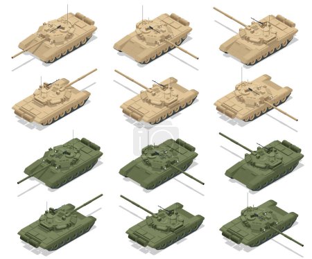 Téléchargez les illustrations : Char de combat principal isométrique. Le T-90 est un char de combat russe de troisième génération. Il utilise un pistolet principal 2A46 à alésage lisse de 125 mm. char militaire russe T-90. - en licence libre de droit
