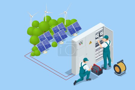 Illustration for Isometric Electricity energy maintenance. Technician repair service of the powerline. Checking the operating voltage levels of the solar panel switchgear compartment - Royalty Free Image