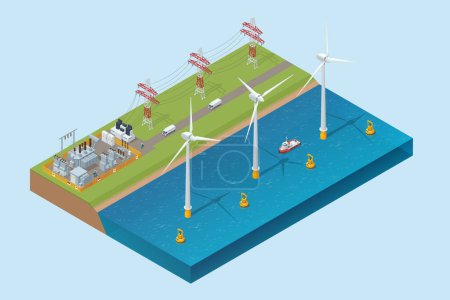 Illustration for Isometric Green energy industry. Wind turbines generating electricity Sustainable renewable power and a wave power station is a power station located in a water environment - Royalty Free Image