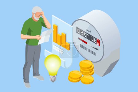 Isometric invoice and electricity meter. Utility bills payment. Electricity consumption expenses. Man paying utility, and electricity bills online.