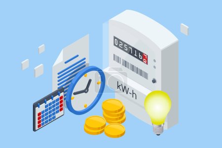 Isometric invoice and electricity meter. Utility bills payment. Electricity consumption expenses. People paying utility, and electricity bills online.
