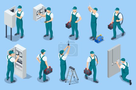 Illustration for Isometric Electricity works set. Professional worker in the uniform repair electrical elements. Electric switchboards, transformers, distribution boards - Royalty Free Image