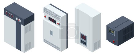 Ilustración de Isometric Voltage regulators set icons. A voltage regulator is a system designed to automatically maintain a constant voltage - Imagen libre de derechos