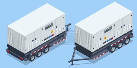 Illustration for Isometric Generator trailer, Industrial Power Generators isolated on white background 3d vector illustration. Industrial Diesel Generator. Standby generator - Royalty Free Image