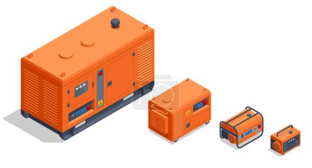 Illustration for Isometric Portable electric power-generator, industrial diesel generator. Standby-generator. Different type of industrial and small power generator - Royalty Free Image