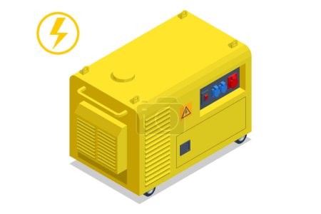 Illustration for Isometric small yellow external mobile diesel generator for emergency electric power. Diesel generator. - Royalty Free Image