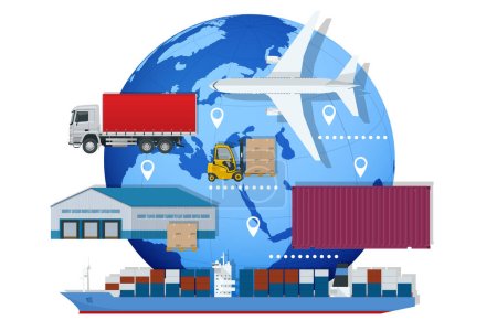 Illustration for Global logistics network. Air cargo, rail transportation, maritime shipping, warehouse, container ship, city skyline on the world map - Royalty Free Image