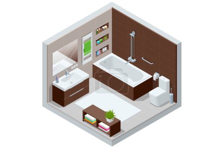 Illustration for Isometric Modern bathroom interior with white toilet, mirror, sink and bathtub - Royalty Free Image