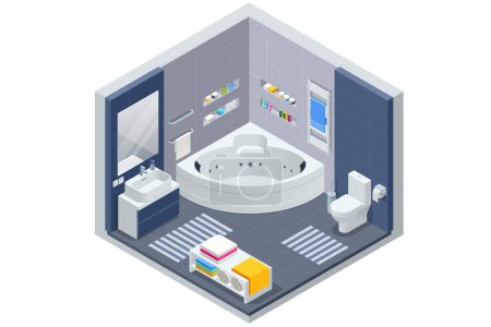 Illustration for Isometric Modern bathroom interior with white toilet, mirror, sink and bathtub - Royalty Free Image