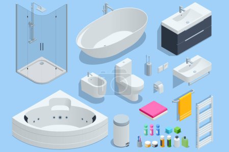 Illustration for Isometric furniture elements, bathroom elements shower cabin, shower, bathtub, toilet bowl, bidet and heated towel rail. - Royalty Free Image