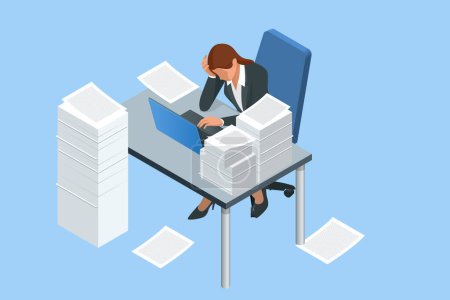 Illustration for Isometric stacks of paperwork and files in the office, bureaucracy, overload. Bureaucrat in the office. Unorganized office work - Royalty Free Image