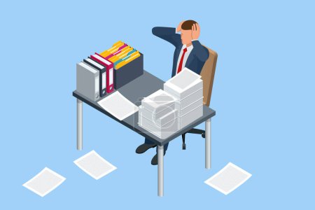 Illustration for Isometric stacks of paperwork and files in the office, bureaucracy, overload. Bureaucrat in the office, Pile of paper documents, boxes and folders - Royalty Free Image