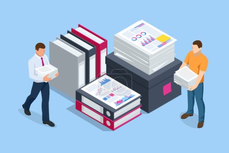 Illustration for Isometric stacks of paperwork and files in the office, bureaucracy, overload. Bureaucrat in the office. Unorganized office work. - Royalty Free Image