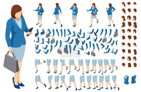 Illustration for Isometric brown-haired woman character constructor. Front and back view. Various options for hairstyle, clothes, accessories and gadgets, legs, and arms moves.Businesswoman character design - Royalty Free Image