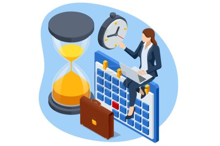 Isometrisches Zeitmanagement und Geschäftsplanung. Zeit ist Geld. Einsendeschluss. Deadline-Konzept der überarbeiteten Frau, Arbeitszeit, Zeitmanagement-Projektplan