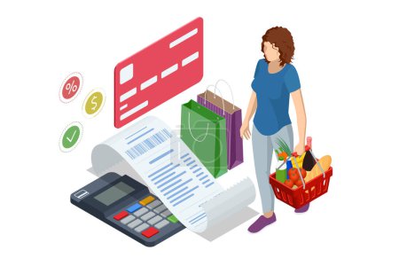 Illustration for Isometric checking a grocery receipt, grocery shopping and expenses concept. Grocery supermarket, food and eats online buying. - Royalty Free Image