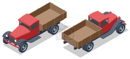 Téléchargez les illustrations : Isometric Retro Old Cargo Truck transport. Livraison rapide ou transport logistique. Petit camion vide. Camion fourgon pour le transport de marchandises. - en licence libre de droit