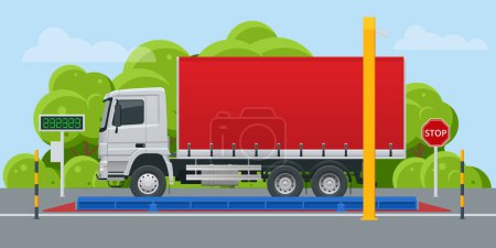 Illustration for Flat loaded trailer truck on weighbridge. Weighing control platform. Container car on the weighing scale Cargo transport, Truck trailer with container. - Royalty Free Image