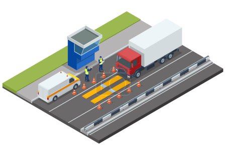 Illustration for Isometric loaded trailer truck on weighbridge. Weighing control platform. Container car on the weighing scale Cargo transport, Truck trailer with container. - Royalty Free Image
