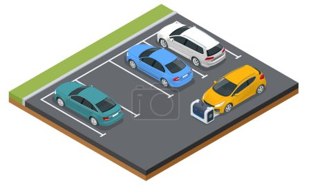 Illustration for Isometric robot valet parking cars. Outdoor valet parking robot. Automated parking systems for cars. - Royalty Free Image