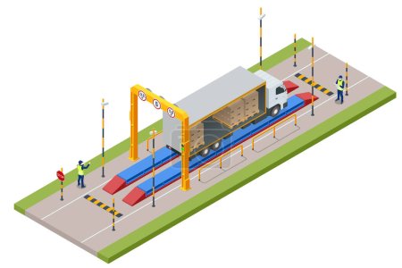 Illustration for Isometric Container car on the weighing scale Cargo transport, Truck trailer with container. Loaded trailer truck on weighbridge. Weighing control platform - Royalty Free Image