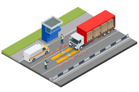 Illustration for Isometric Container car on the weighing scale Cargo transport, Truck trailer with container. Loaded trailer truck on weighbridge. Weighing control platform - Royalty Free Image