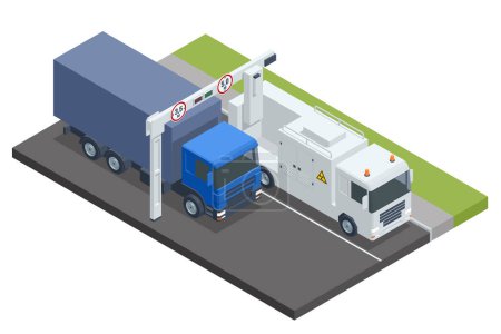 Illustration for Isometric cargo vehicle is going through a mobile x-ray control. Mobile x-ray scanning system is used against smuggling. Delivery Vehicles isolated - Royalty Free Image