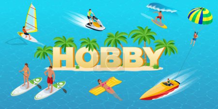 Illustration for Isometric Hobby concept. Jet Ski, Sports. Surfer on Blue Ocean Wave. Fun in the ocean, Extreme Sport, water skiing. Active summer vacations with paddle board. Hobby Young People - Royalty Free Image